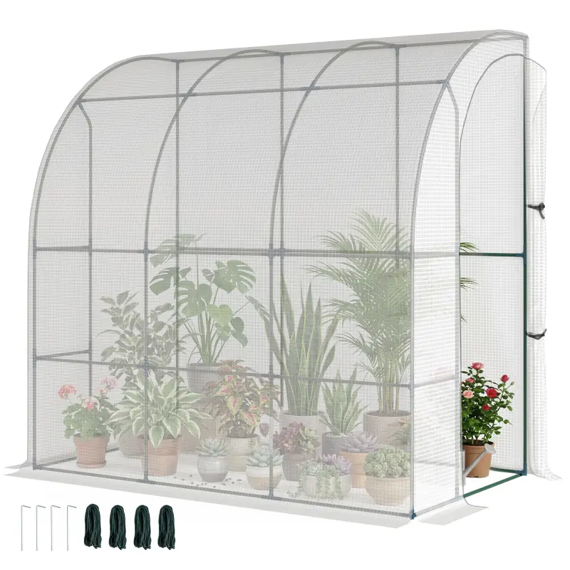 7' x 4' x 7' Outdoor Lean to Greenhouse, Walk-In Green House Plant Nursery with Roll-up Window, PE Cover, White