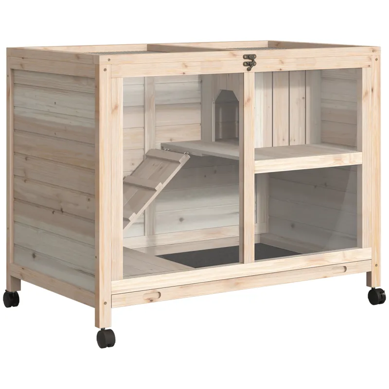 Rabbit Hutch with Wheels, Desk and Side Table Sized, Wooden Rabbit Cage, Natural