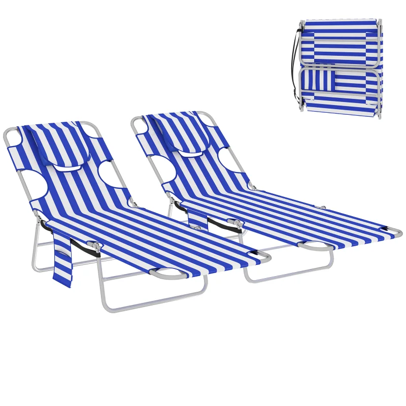 2 Tanning Chairs with Face Hole, 5-Level Adjustable Outdoor Chaise Lounge Chair with Pillow for Beach, Pool, Blue Stripe