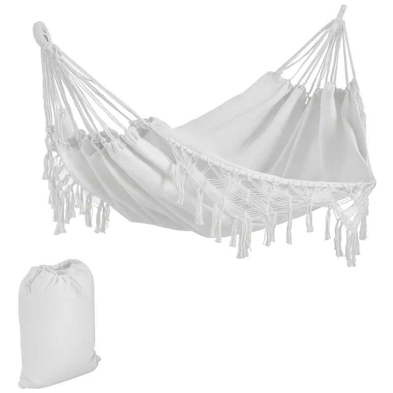 Extra Large Boho Hammock with Macrame Tassel Fringe, Includes Carrying Bag, Indoor Outdoor Tree Hammock, White