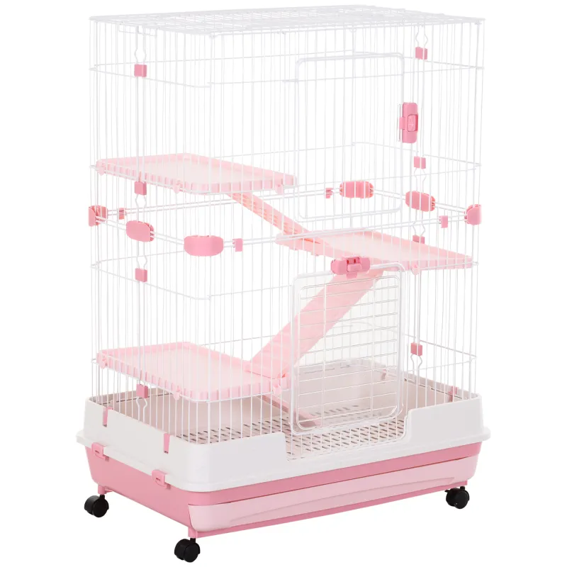32"L 4-Level Small Animal Cage Rabbit Hutch with Wheels, Slide-out Tray for Bunny, Chinchillas, Ferret, Pink
