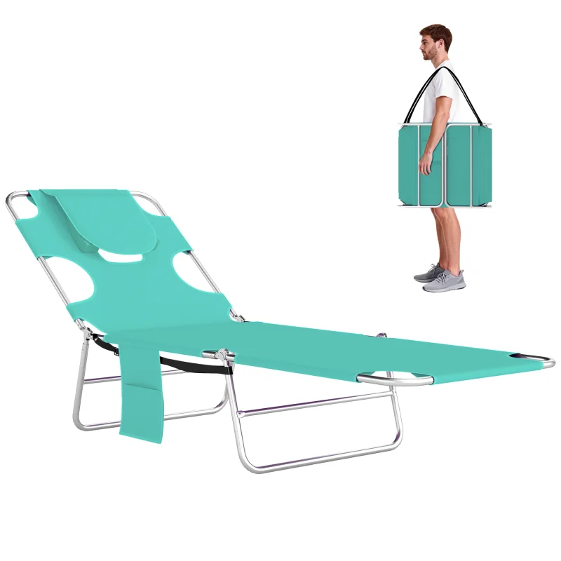 Tanning Chair with Face Hole, 5-Level Adjustable Outdoor Chaise Lounge Chair with Pillow for Beach, Pool, Light Green