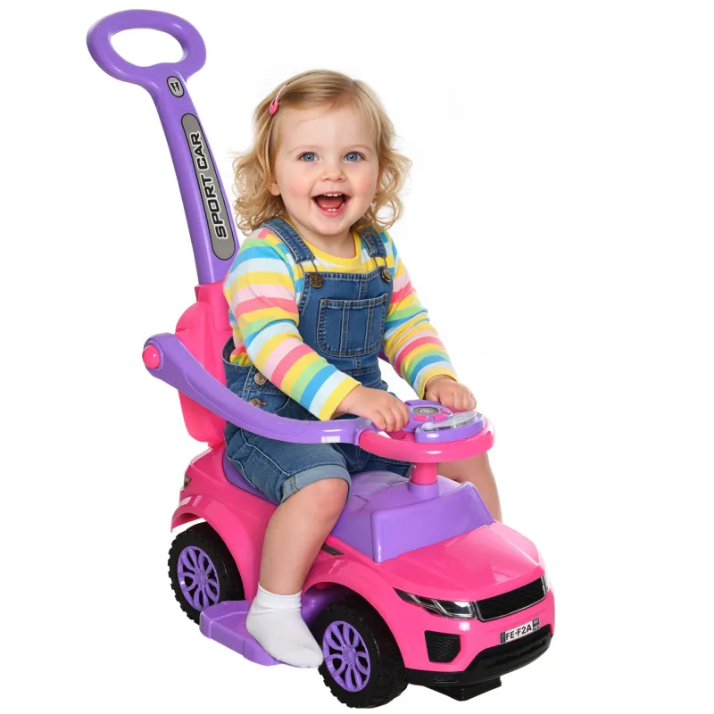 3 In 1 Push Cars for Toddlers Kid Ride on Push Car Stroller Sliding Car with Horn Music Light Function, Pink