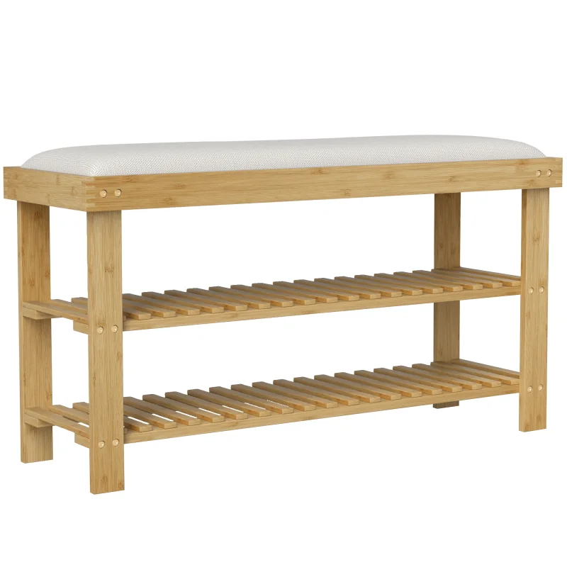 Bamboo Shoe Storage Bench, 3-Tier Entryway Bench with Cushion, Shoe Organizer for Entryway, Hallway, Natural