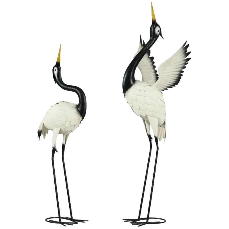 Set of 2 Garden Sculptures, Heron Garden Statues for Lawn, Patio, Backyard Decoration, 35.5" & 40.5", White & Black