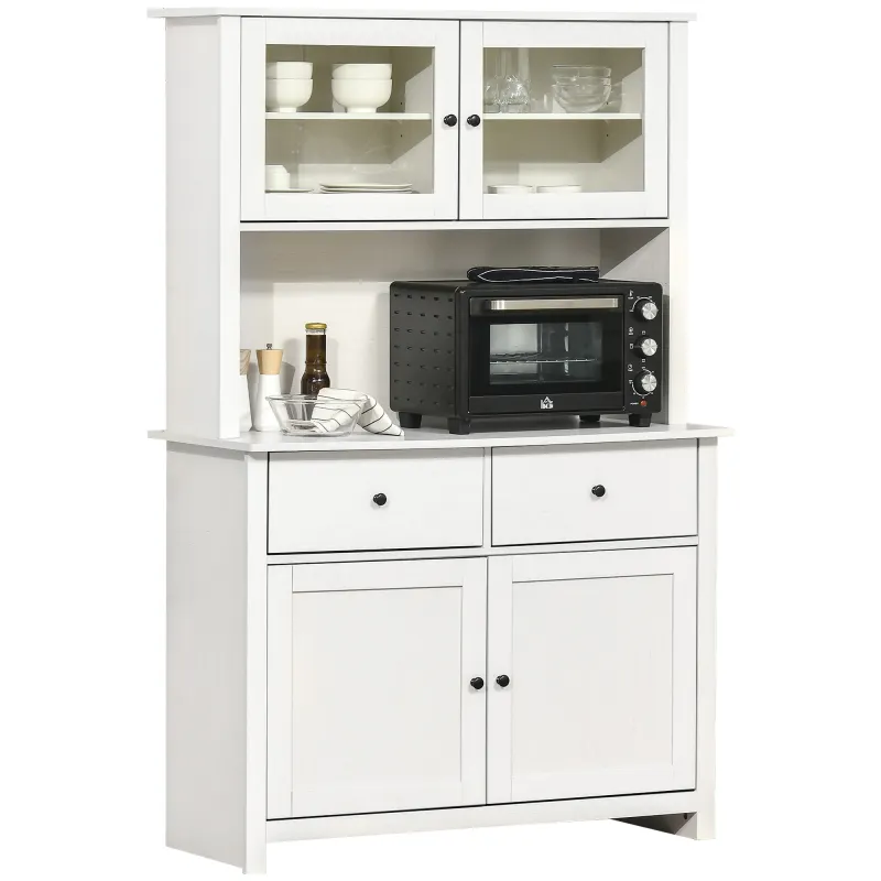63.5" Kitchen Buffet with Hutch, Pantry Storage Cabinet with 4 Shelves, Drawers, Framed Glass Doors, Open Microwave Countertop, Antique White