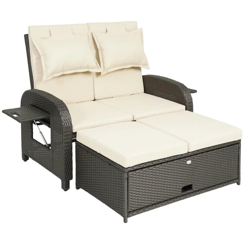Patio Rattan Daybed, Wicker Outdoor Daybed with Storage Ottoman, Loveseat w/ Adjustable Backrest, Beige
