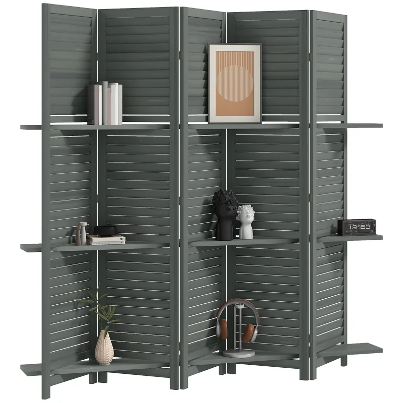 5 Panel 67" Tall Wood Privacy Screen Room Divider with 3 Shelves and Folding Storage for Bedroom, Gray