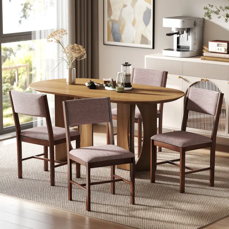 Modern Dining Chairs Set of 4, Linen Fabric Kitchen Chairs with Rubberwood Legs for Dining Room, Living Room, Brown