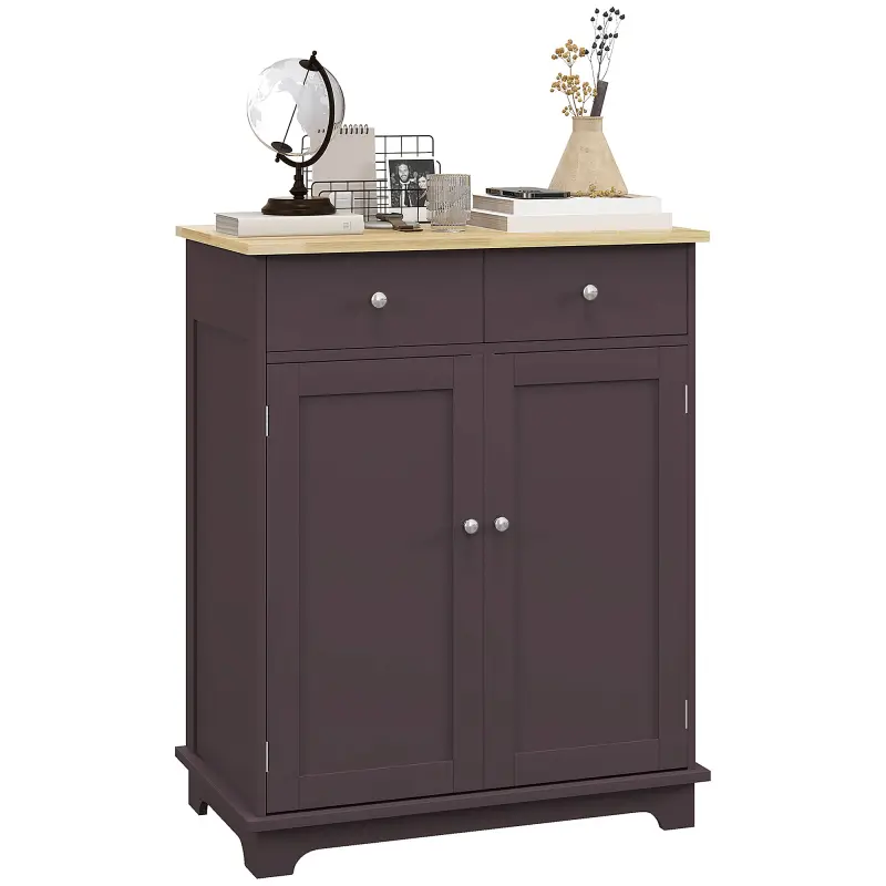 Kitchen Storage Cabinet, Sideboard Floor Cupboard with Solid Wood Top, Adjustable Shelf, and 2 Drawers, Coffee