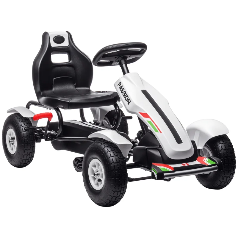 Kids Pedal Go Kart W/ Adjustable Seat, Rubber Wheels, White