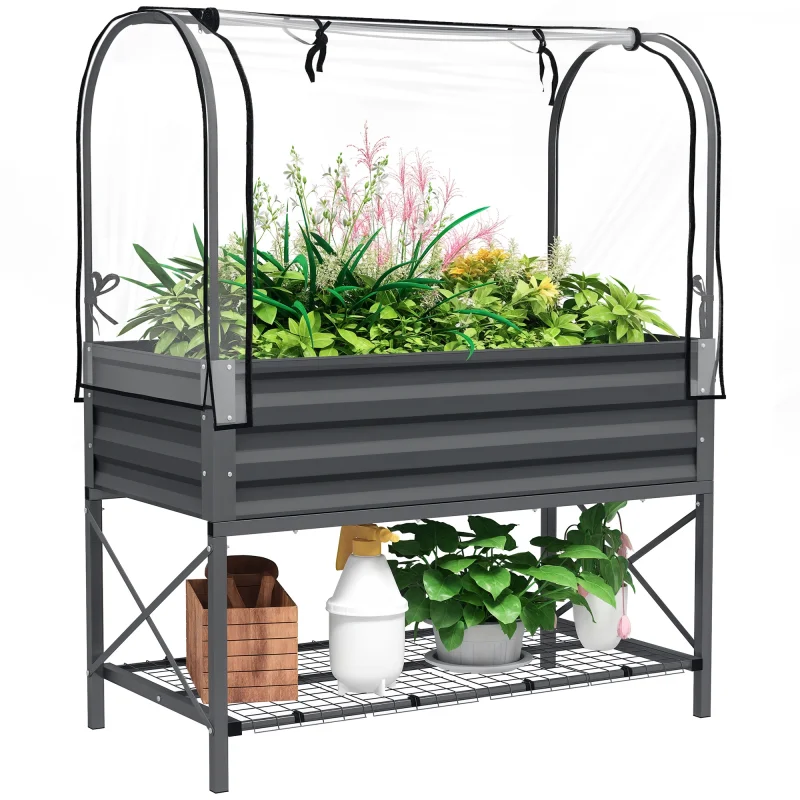 Raised Garden Bed with Legs and Cover, Metal Elevated Planter Box with Bottom Shelf and Liner for Vegetables, Dark Gray