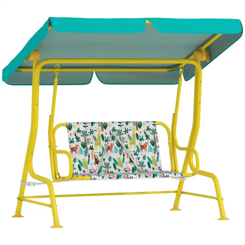 Qaba Kids Porch Swing, 2-Seater Patio Swing Bench with Safety Belts, Adjustable Canopy for Backyard, Garden, Green