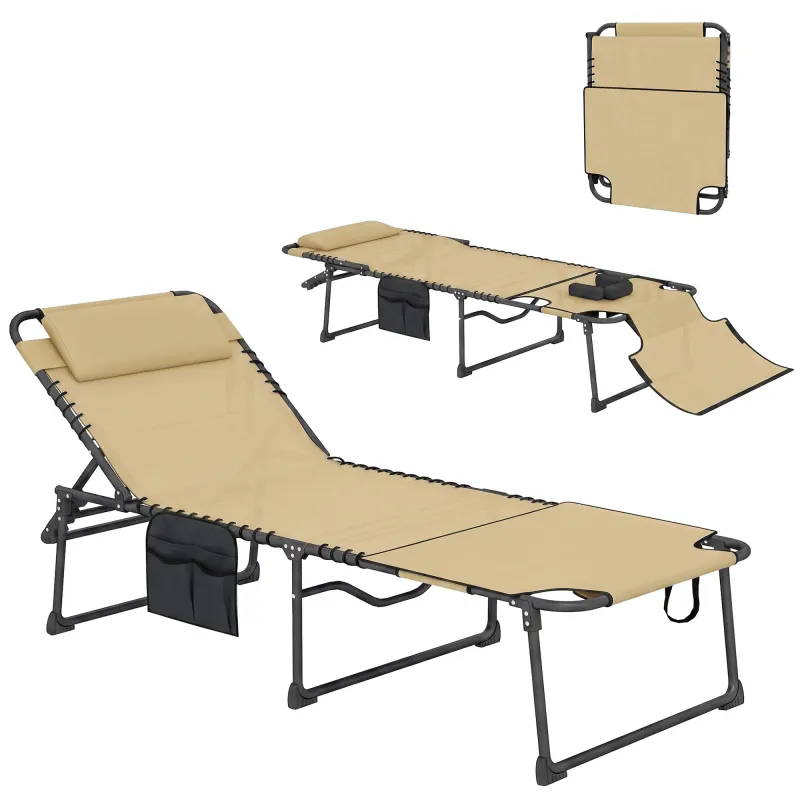 Folding Chaise Tanning Lounge Chair w/ 5-level Reclining Back, Reading Hole, Side Pocket, Headrest, Beige