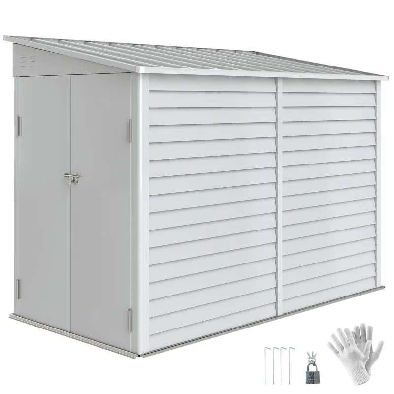 4.6' x 9' Outdoor Storage Shed, Lean to Metal Shed with Foundation Kit, Lockable Doors and Gloves for Patio, Lawn, White