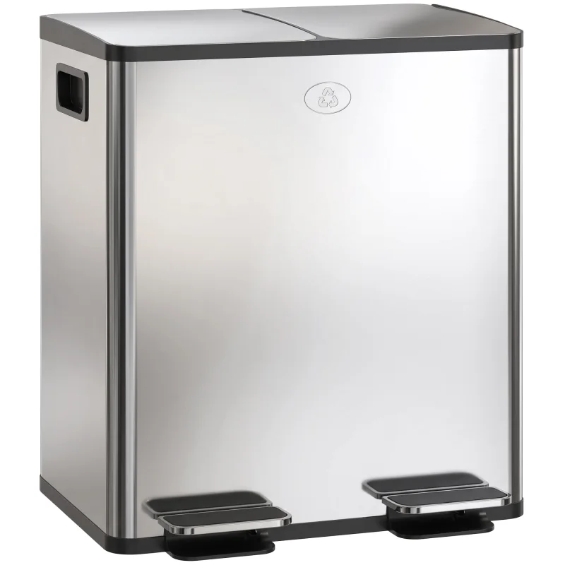 Trash Can, 2 x 5 Gallon Stainless Steel Garbage Can with Soft Close, Stay-Open Lid, Pedals, Inner Buckets, Silver