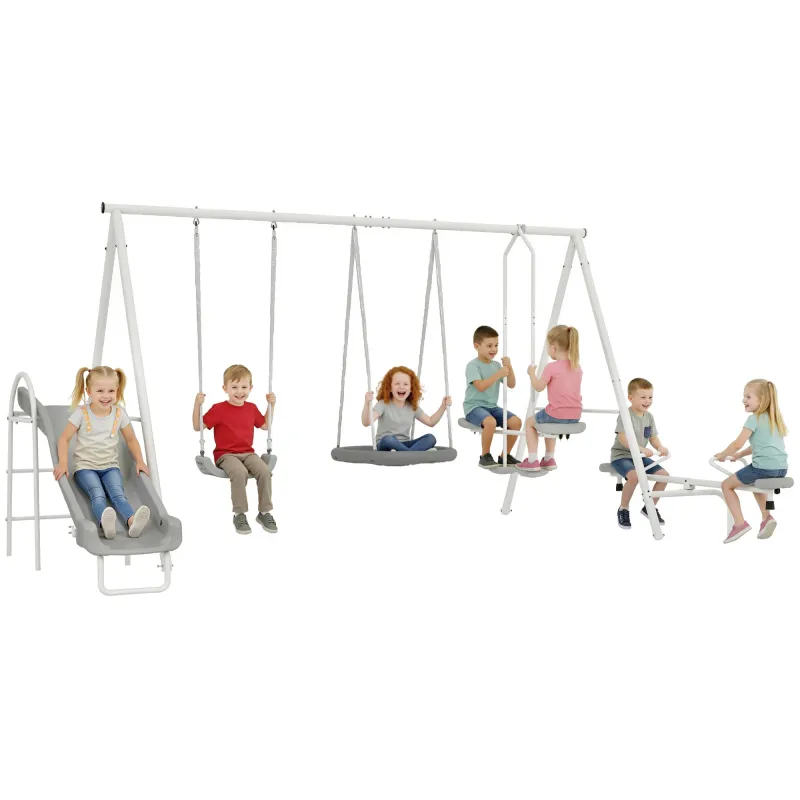 5 in 1 Kids Swing Set for Backyard with Heavy-Duty A-Frame Stand, Saucer Swing, Slide, Seesaw, Glider, Swing Seat, Gray