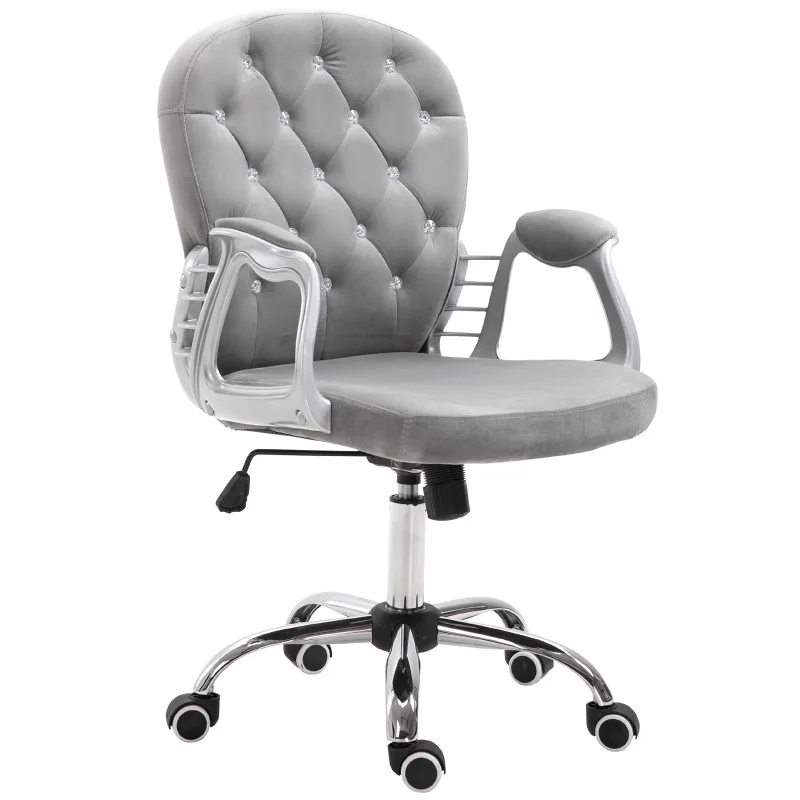 Button Tufted Desk Chair, Home Office Chair with Padded Armrests, Adjustable Height and Swivel Wheels, Gray