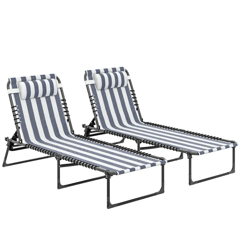 2 Folding Chaise Lounge Pool Chairs with 4-Position Reclining Back, Pillow, Breathable Mesh & Bungee Seat, Blue White