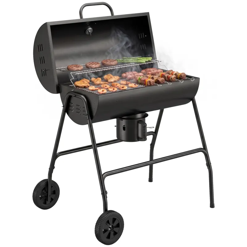 Barrel Charcoal BBQ Grill, Barbecue with 420 sq.in. Cooking Area, Wheels, Ash Catcher, Black