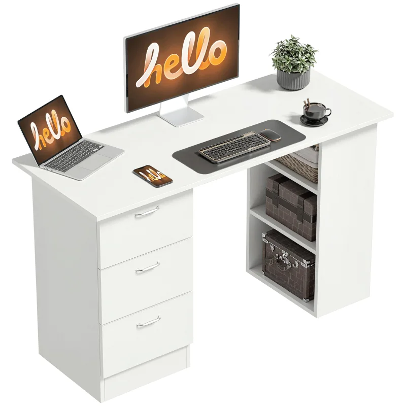 47" Modern Home Office Computer Desk Bookcase Combo Writing Table Workstation with 3 Drawer and Storage Shelf - White