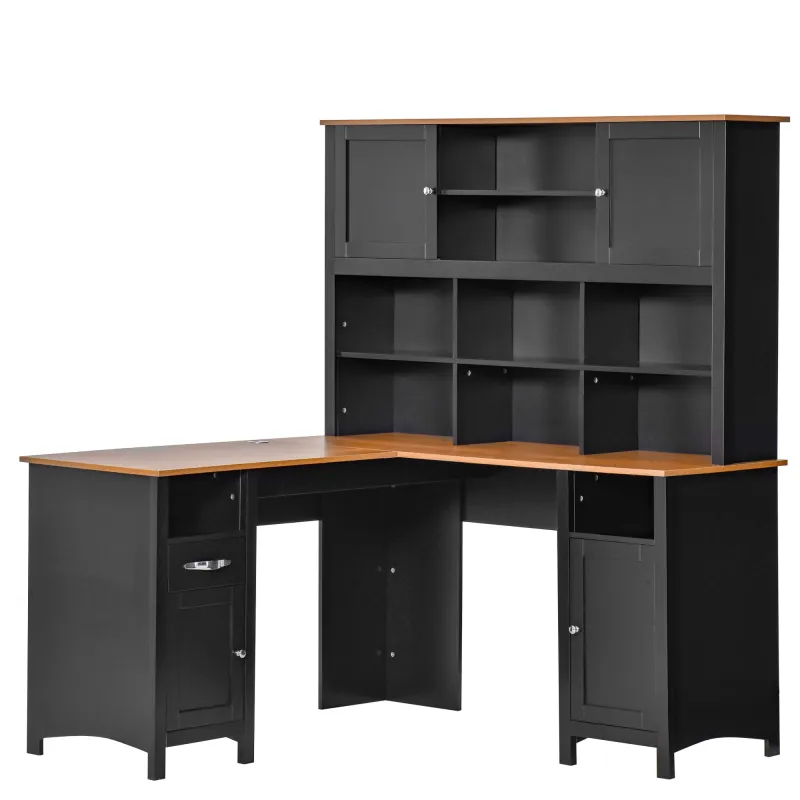 L Shaped Computer Desk with Hutch, 59" Corner Desk, Space Saving Home Office Desk with Storage, Black