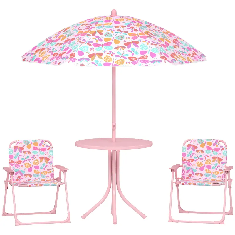 Kids Picnic Table and Chair Set, Outdoor Table with Foldable Chairs, Removable Umbrella, Pink