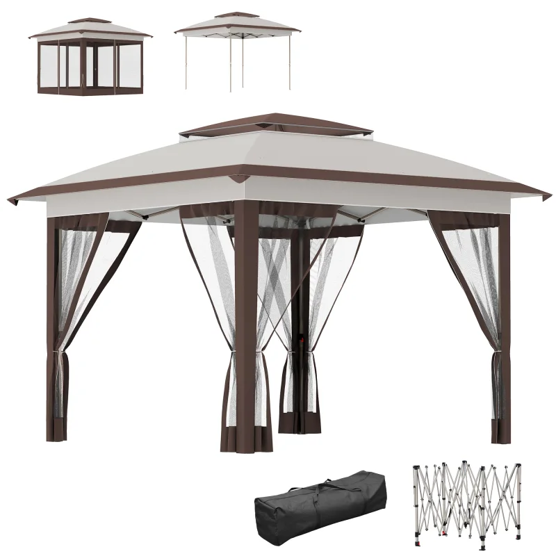 12' x 12' Pop Up Canopy Tent with Netting and Carry Bag, Instant Sun Shelter with 137 sq.ft Shade, Beige and Brown