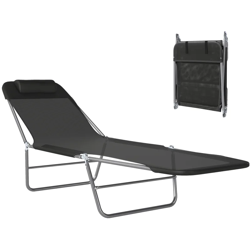 Folding Chaise Lounge Pool Chairs, Outdoor Sun Tanning Chairs with Pillow, Reclining Back, Black