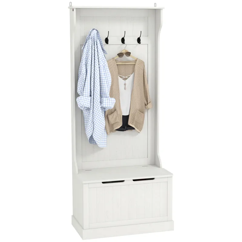 Hall Tree with Coat Rack, Storage, and Sitting Bench, Cream White