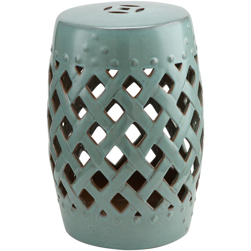 13" x 18" Ceramic Garden Stool with Woven Lattice Design & Glazed Strong Materials Decorative End Table, Antique Blue