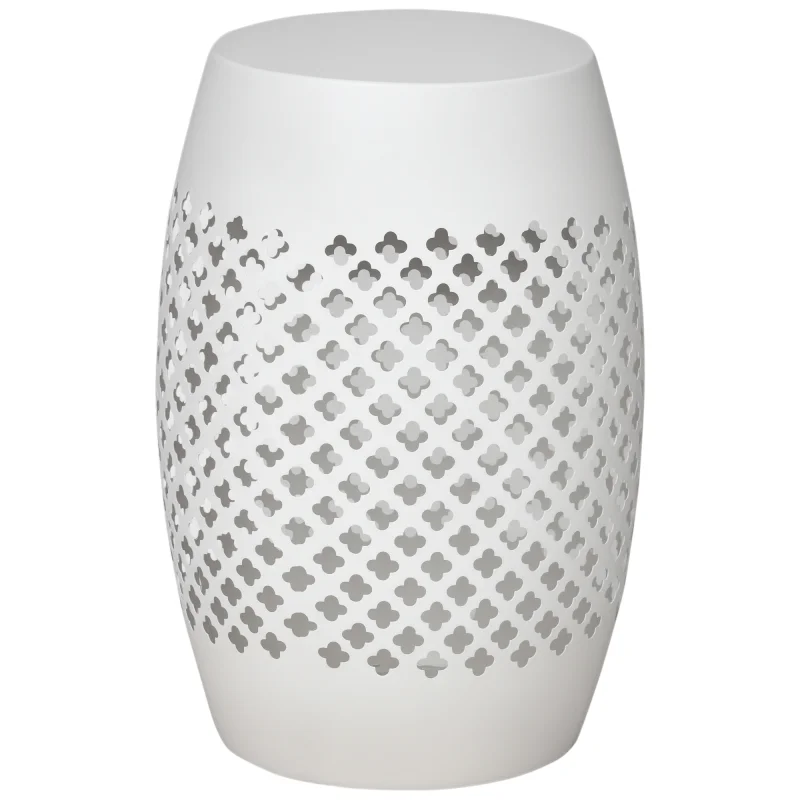 12" Steel Outdoor Side Table, Round Hollow Drum Patio End Table, Accent Table for Indoor and Outdoorr, White