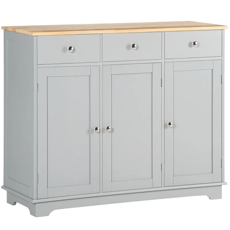 Kitchen Storage Cabinet, Sideboard Floor Cupboard with Solid Wood Top, Adjustable Shelf, and 3 Drawers, Gray