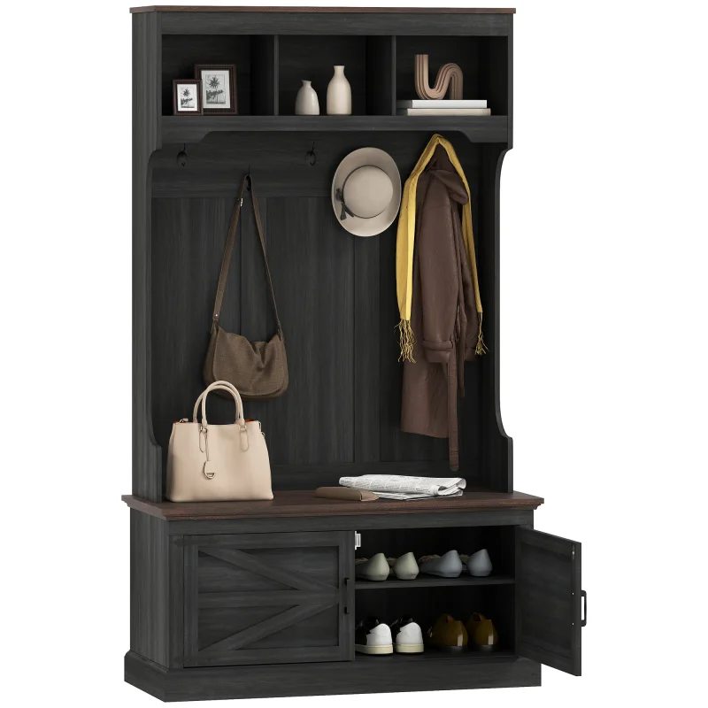 3-in-1 Hall Tree with Shoe Storage, Coat Rack with Bench, Entryway Furniture with Five Hooks, Black Wood Grain