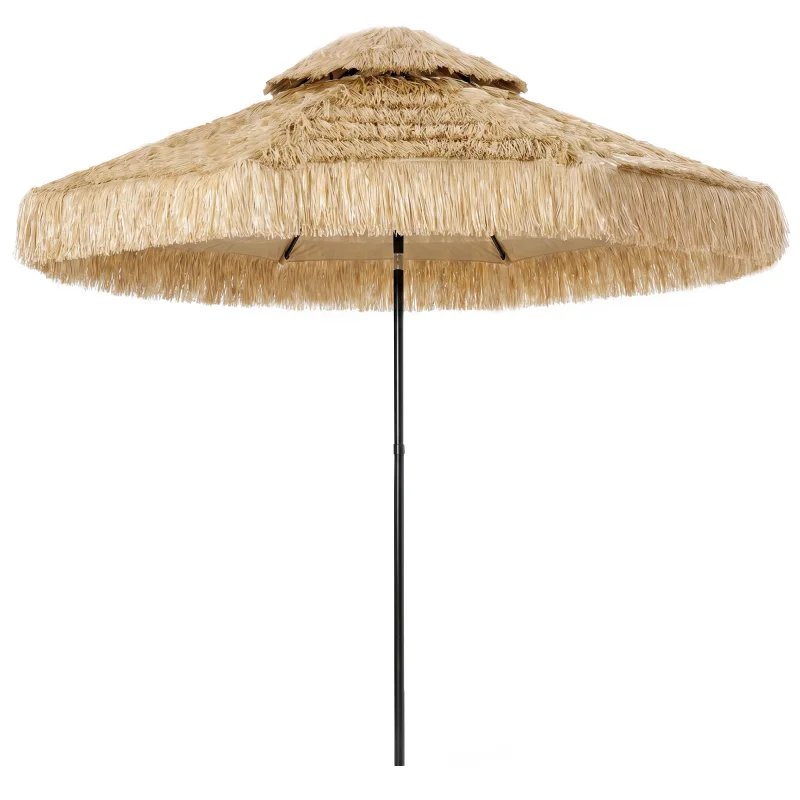 8.5 FT Hula Thatched Tiki Patio Umbrella, 2-Tier Tropical Hawaiian Style Outdoor Umbrella with 8 Ribs, UPF30+, Khaki