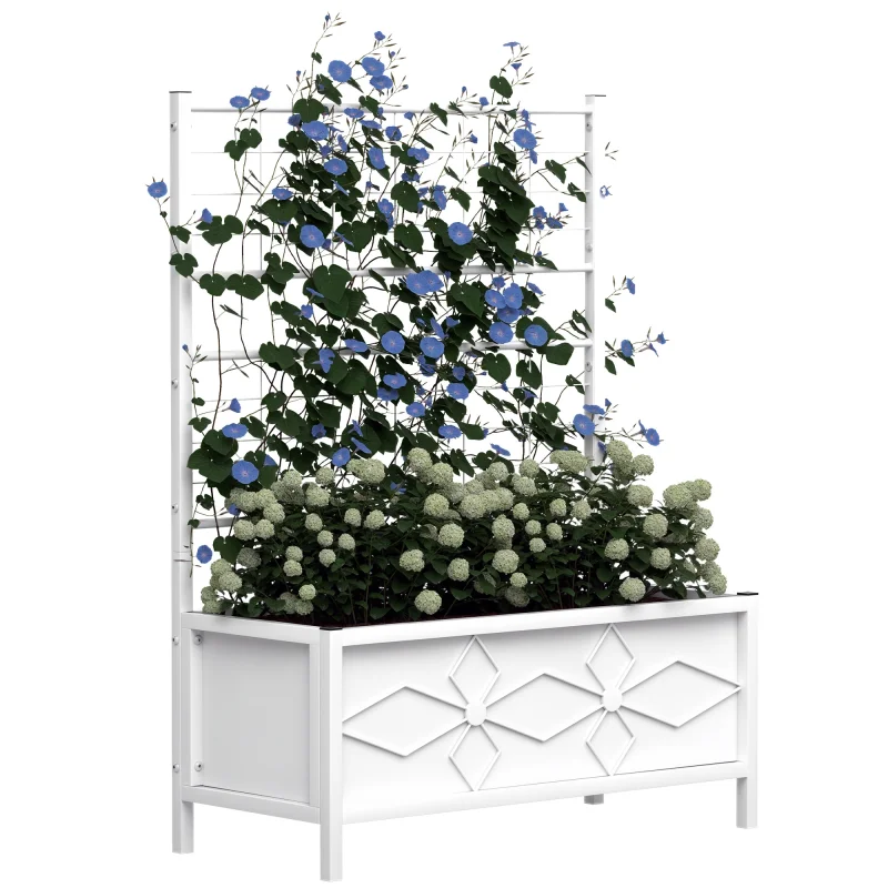 Outdoor Planter Box Galvanized Raised Garden Bed with Trellis for Climbing Vines, 35.4" x 15.7" x 47.2", White