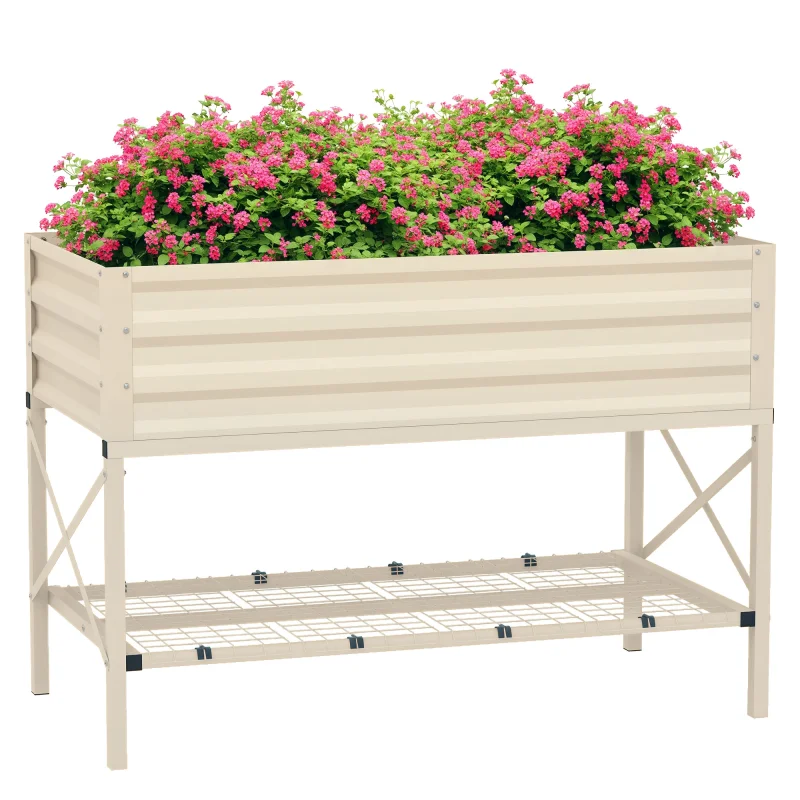 Galvanized Raised Garden Bed, Metal Planter Box with Legs, Storage Shelf and Bed Liner, Cream