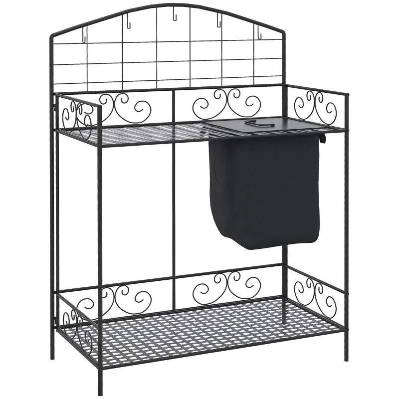 Folding Potting Bench Table, Metal Garden Workstation, Work Bench with Large Build-In Bag with Cover, 5 Hanging Hooks & Storage Shelf, Flourishes