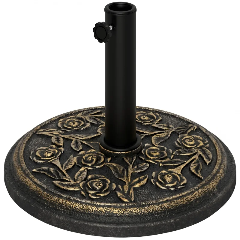 18" 20 lbs Round Resin Umbrella Base Stand Market Parasol Holder with Decorative Rose Floral Pattern & Easy Setup, for Φ1.5", Φ1.89" Pole, for Lawn, Deck, Backyard, Garden, Bronze