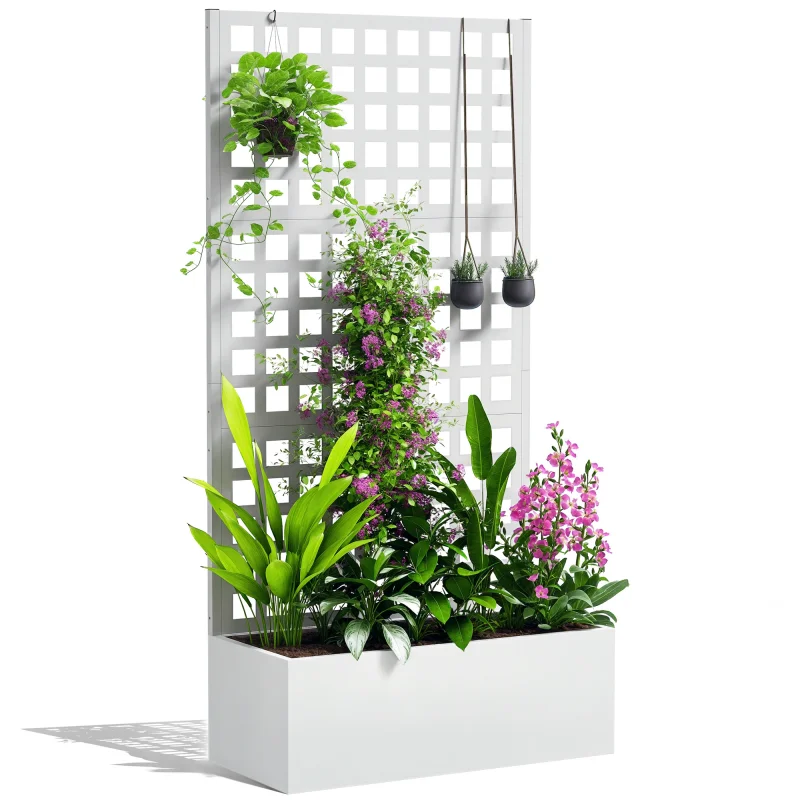 Galvanized Raised Garden Bed Planter Box with Trellis for Climbing Plants, Vegetable, Vines, 35" x 16" x 70", White
