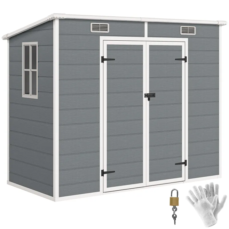 8' x 4' Plastic Outdoor Storage Shed with Floor, Window, Lockable Doors and Vents for Backyard Patio Lawn, Gray