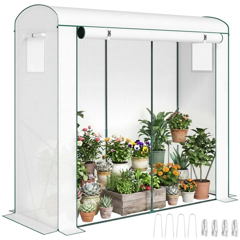 Mini Greenhouse, Portable Greenhouse with Roll-Up Door and 2 Mesh Windows, PE Cover, 78.7" x 29.5" x 74", White