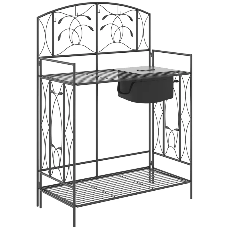 Folding Potting Bench Table, Metal Garden Workstation, Work Bench with Large Built-in Bag with Cover