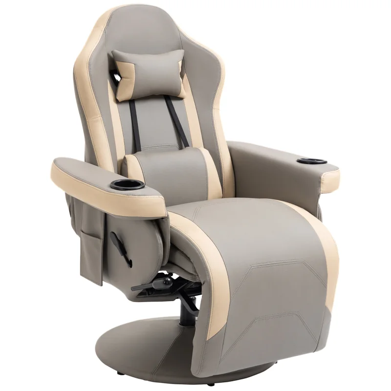 Manual Recliner Armchair PU Leather Lounge Chair w/ Adjustable Leg Rest, 135° Reclining Function, 360° Swivel, Cup Holder and, Storage Pocket