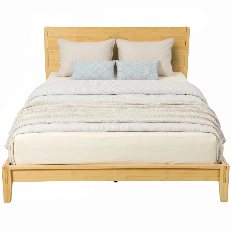 Queen Size Bamboo Platform Bed Frame with Headboard and 12 Poplar Slats, No Box Spring Needed, Easy Assembly, Natural