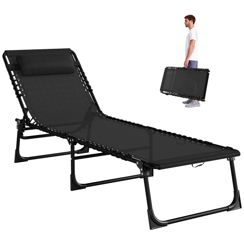 Folding Chaise Lounge Pool Chair with 4-Position Reclining Back, Pillow, Breathable Mesh & Bungee Seat, Black