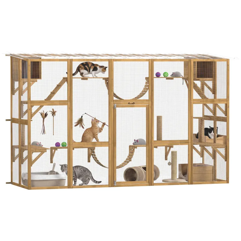 Catio Playground Cat Window Box Outside Enclosure for Multiple Cats w/ Shelves & Bridges, Yellow