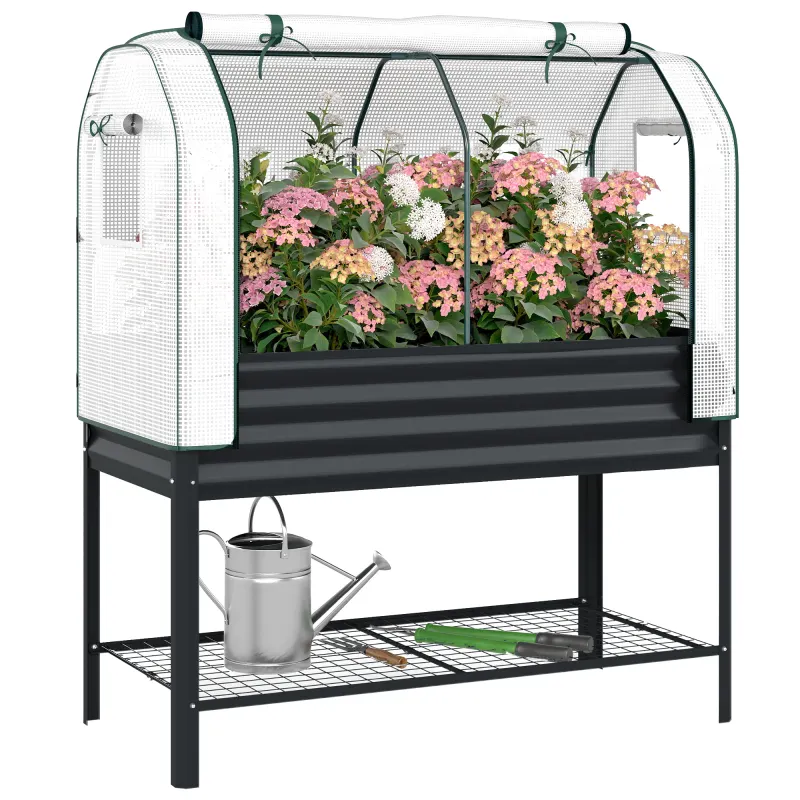 Galvanised Raised Garden Bed with Greenhouse Cover, Metal Elevated Garden Bed with Bed Liner, Bottom Shelf, Black