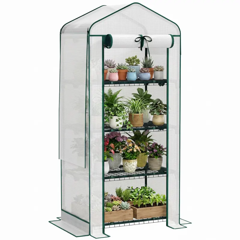 Mini Greenhouse with Screen Roof, 4 Tier Portable Small Greenhouse with High Strength PE Cover, White