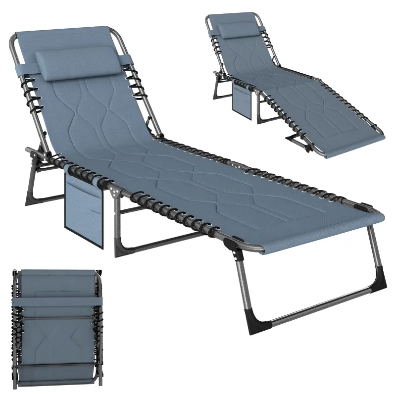 Padded Folding Chaise Lounge Chair, Outdoor 6-Level Reclining Camping Tanning Chair with Headrest for Beach, Yard, Patio, Pool, Gray